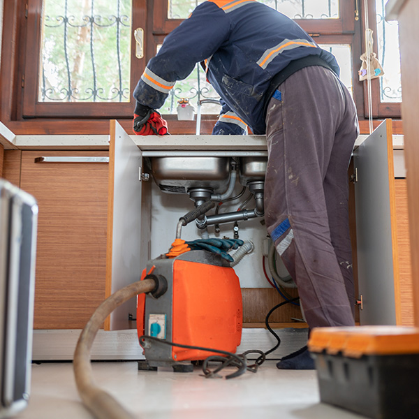 Plumber unclogging kitchen sink drain
