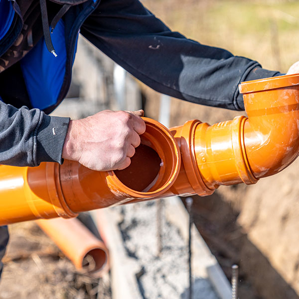 Orange PVC plastic pipes on the construction site