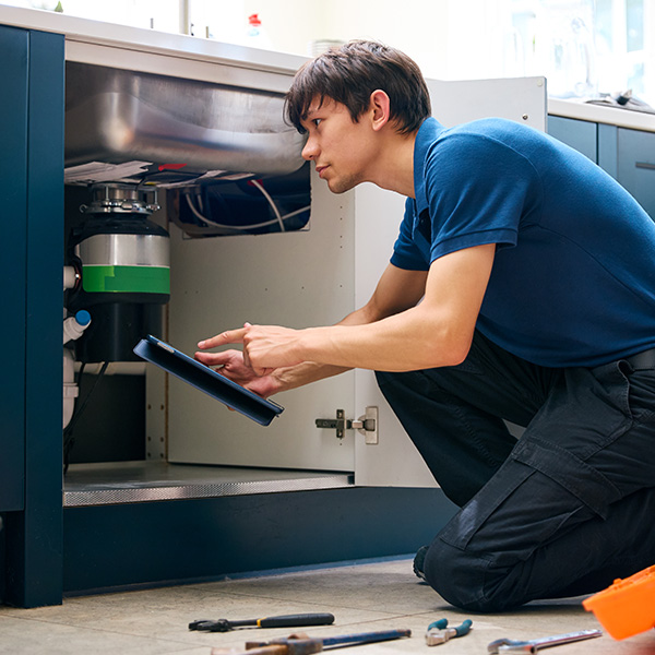 Plumber with digital tablet fixing waste disposal unit