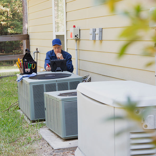 Senior air conditioner technician checking the oil in the generator
